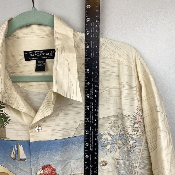 Tori Richard Shirt Mens Large Cream Red Race Car 30 Button Up Hawaiian Viscose - Picture 9 of 11